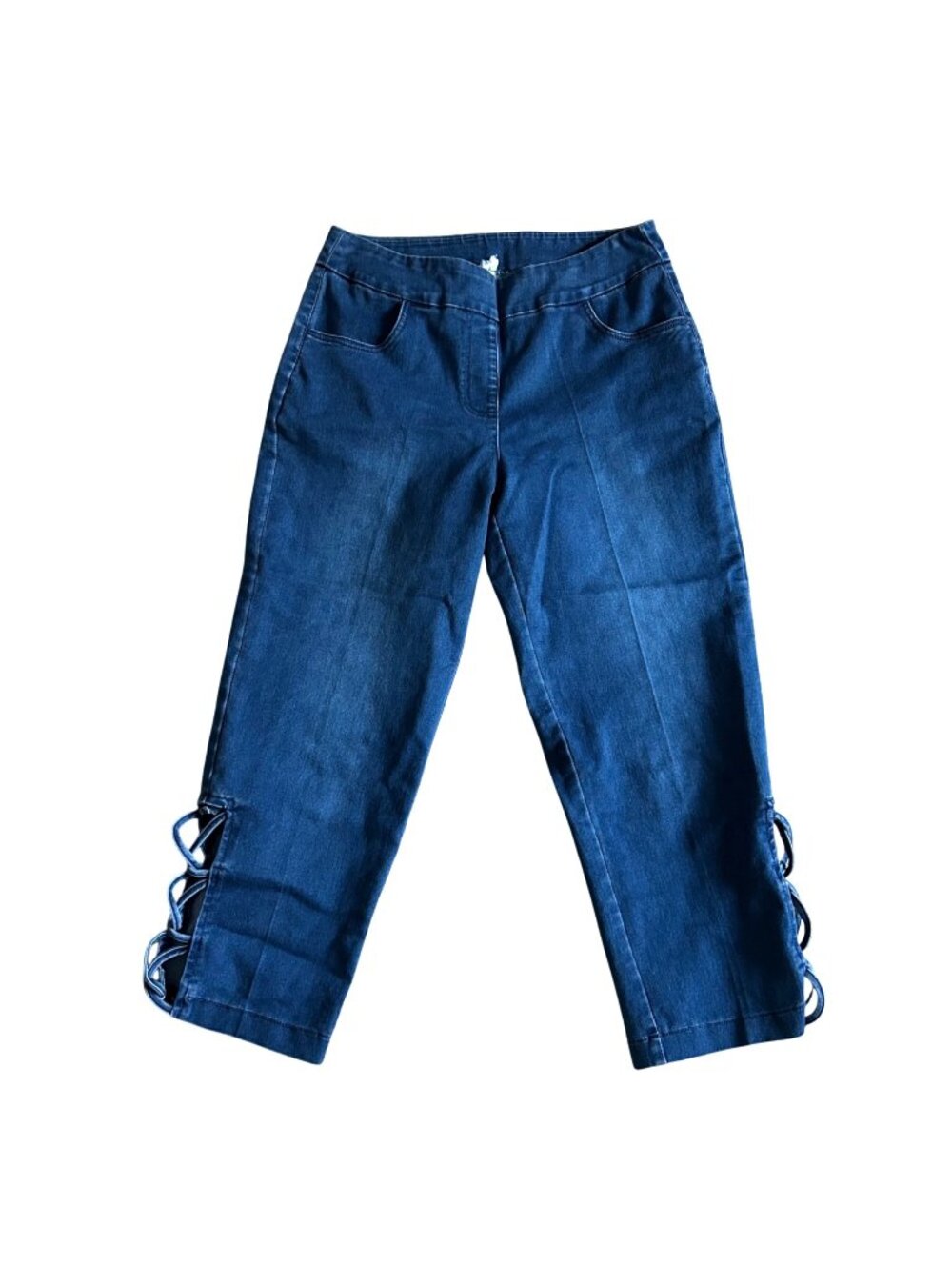 Lulu B Women's Sz 4 Blue Denim Capri Pants With Side Lace-Up Detail & Pockets